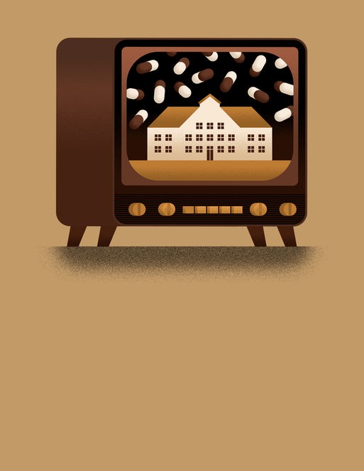 Abstrakte Zeichnung eines altmodischen TV-Gerätes, auf dessen Bildschirm ein Bild eines Kinderheims zu sehen ist, der das Gebäude umgebene Himmel ist voller Tabletten, vor braunem Hintergrund 