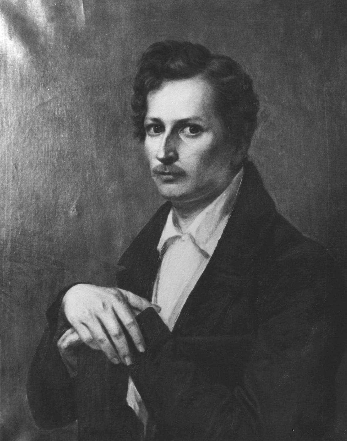 Schwarzweißtogografie des Gemäldes von August Graf von Platten. Ein junger Mann Schnurbart und Anzug.