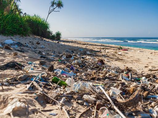 An einem Strand liegt ganz viel Plastikmüll. 