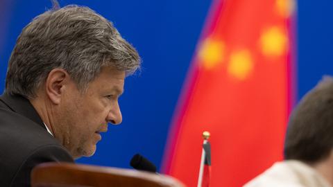 Robert Habeck spricht in ein Mikrofon