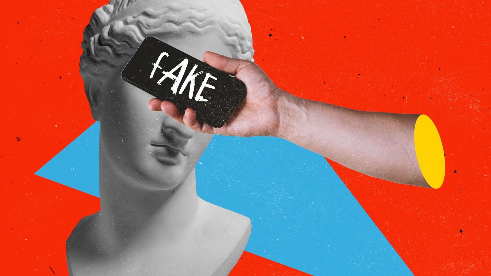 Zeitgenössische Kunst-Collage. Antike Statuenbüste und Telefonbildschirm, der die Augen mit Fake-News-Schriftzügen verdeckt.