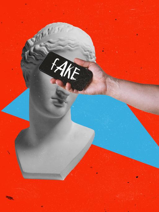 Zeitgenössische Kunst-Collage. Antike Statuenbüste und Telefonbildschirm, der die Augen mit Fake-News-Schriftzügen verdeckt.