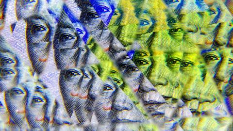 Teile chinesischer Banknoten mit dem Konterfeit von Mao werden verfremdet in einem Kaleidoskop-Muster dargestellt