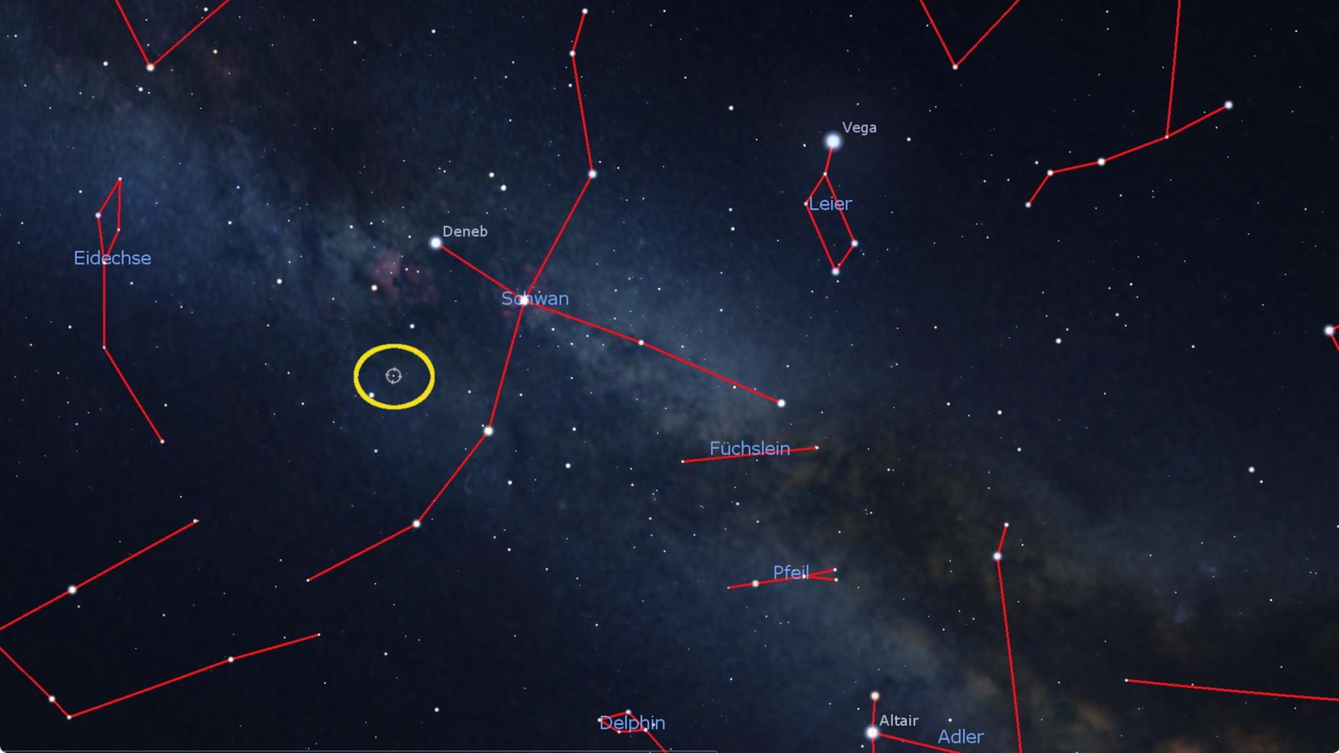 Der Stern 61 Cygni ist in dunkler Nacht mit bloßem Auge zu sehen. An ihm gelang Friedrich Wilhelm Bessel der Nachweis der Parallaxen-Bewegung. 