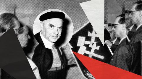 Illustration zur 1. Folge der Doku-Serie „Deutsches Denken". Das Hintergrundbild zeigt Otto Strasser bei der Gründung der „Deutsche Soziale Union“. Das Bild ist mit Halbtoneffekt und Dreieckswimpeln in schwarz, weiß und rot zu einer Collage bearbeitet.