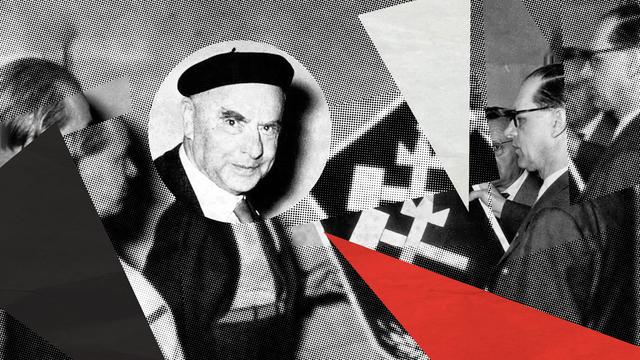 Illustration zur 1. Folge der Doku-Serie „Deutsches Denken". Das Hintergrundbild zeigt Otto Strasser bei der Gründung der „Deutsche Soziale Union“. Das Bild ist mit Halbtoneffekt und Dreieckswimpeln in schwarz, weiß und rot zu einer Collage bearbeitet.