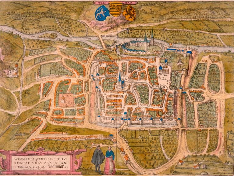 Ein historischer Stadtplan zeigt Weimar aus der Vogelperspektive um 1600.