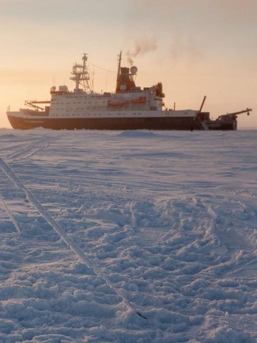 Der Forschungseisbrecher Polarstern im Abendlicht zwischen Eisschollen 
