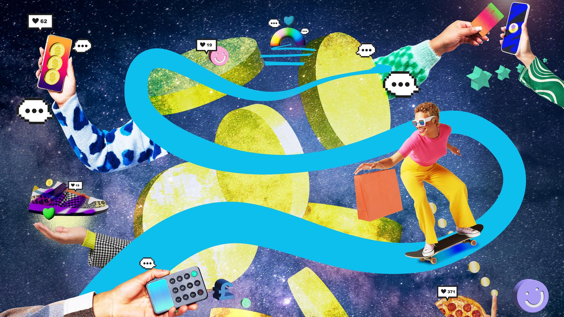 Illustration/Collage verschiedener Möglichkeiten im Internet Geld auszugeben.