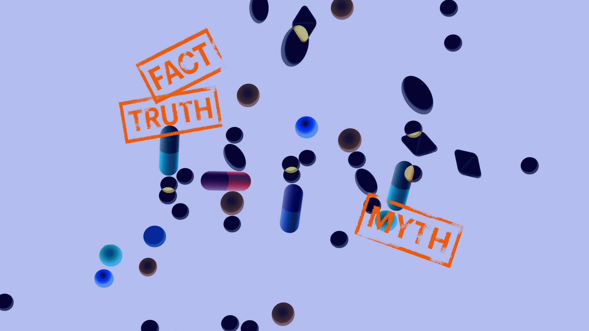 Blauer Hintergrund, zentral im Bild die Buchstaben HIV und Stempelabdrücke "Fact, Truth, Myth", Buchstaben lösen sich weiter auf