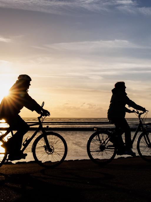 Zwei Radfahrer fahren am Deich bei Norddeich in Niedersachsen am Wattenmeer entlang