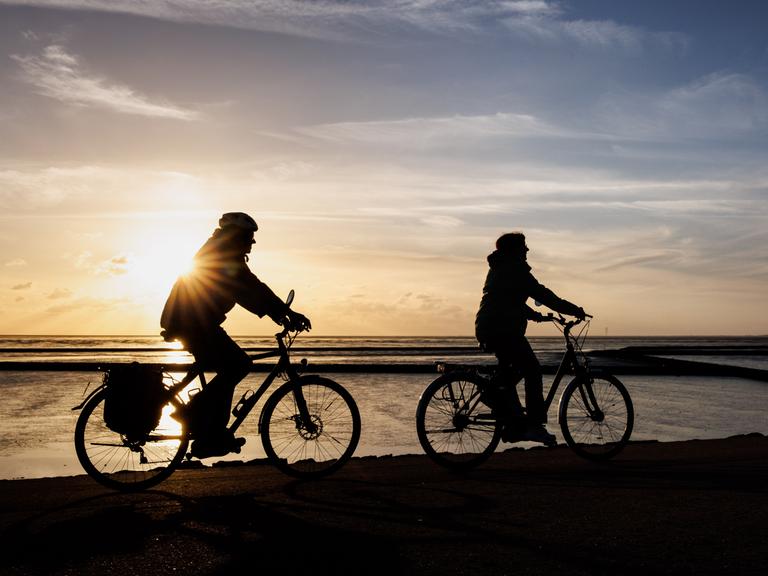 Zwei Radfahrer fahren am Deich bei Norddeich in Niedersachsen am Wattenmeer entlang