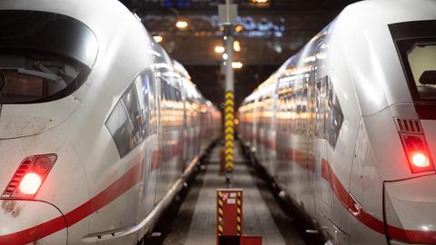 Zwei ICE stehen steht am Hauptbahnhof in Fulda nebeneinander.