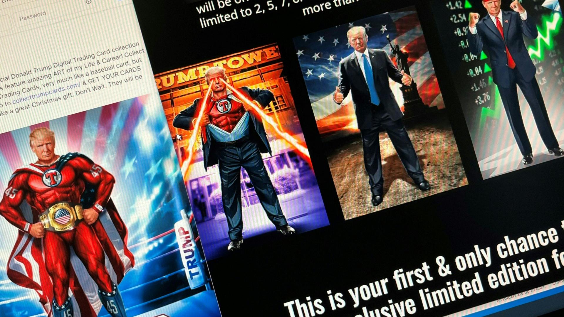 Eine Website zeigt verschiedene Abbildungen von Donald Trump, beispielsweise im Superheldencape oder mit geballten Fäusten vor einem steigenden Aktienkurs.