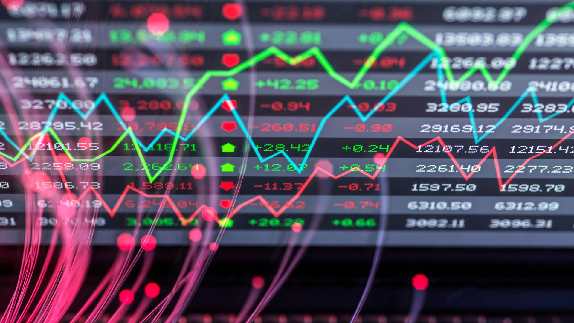 Eine Computergrafik mit bunten Börsencharts. 
