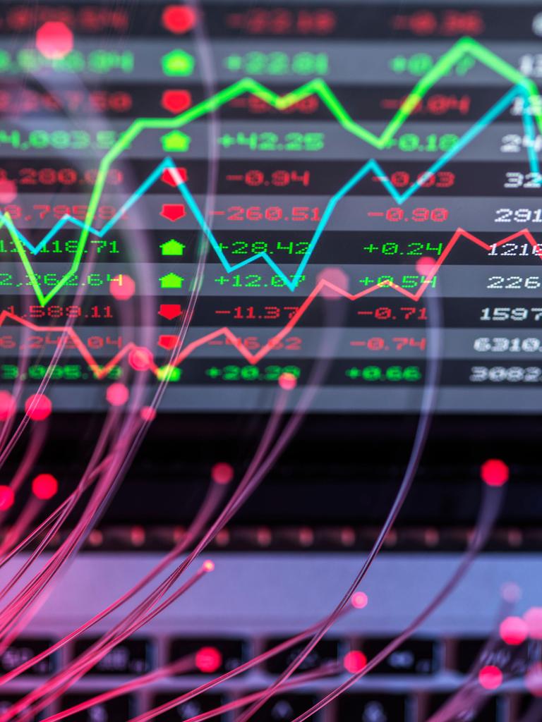 Eine Computergrafik mit bunten Börsencharts. 