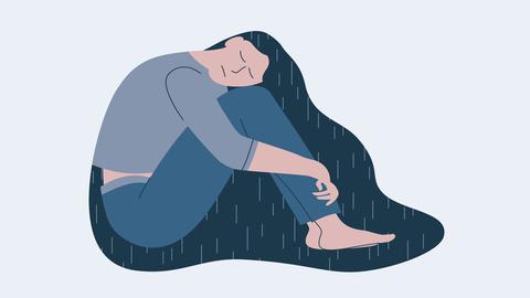 Eine Illustration zeigt eine sich vor Schmerz krümmende junge Frau. Das Frauenhaar stilisiert als Regen. 
