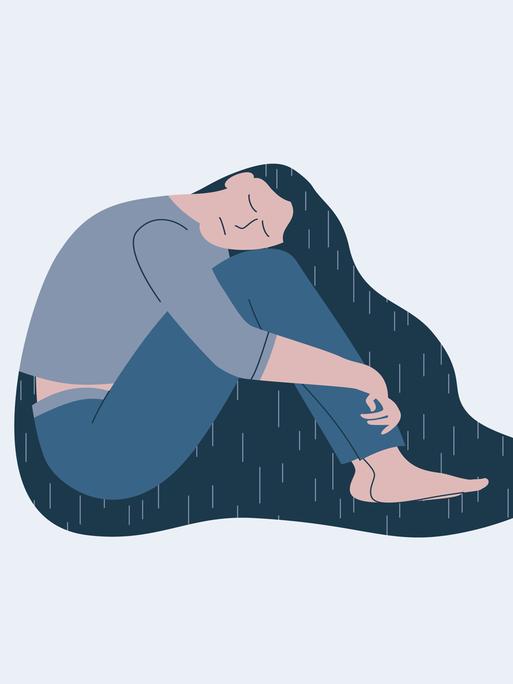 Eine Illustration zeigt eine sich vor Schmerz krümmende junge Frau. Das Frauenhaar stilisiert als Regen. 