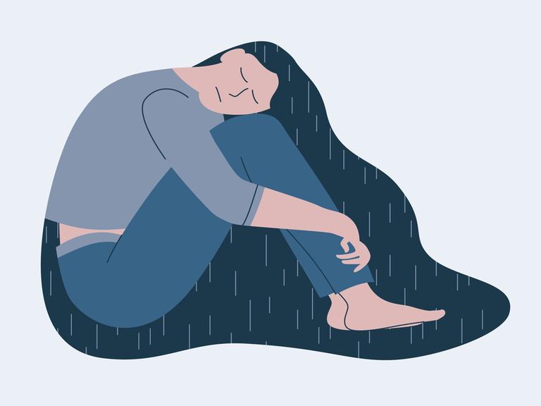Eine Illustration zeigt eine sich vor Schmerz krümmende junge Frau. Das Frauenhaar stilisiert als Regen. 