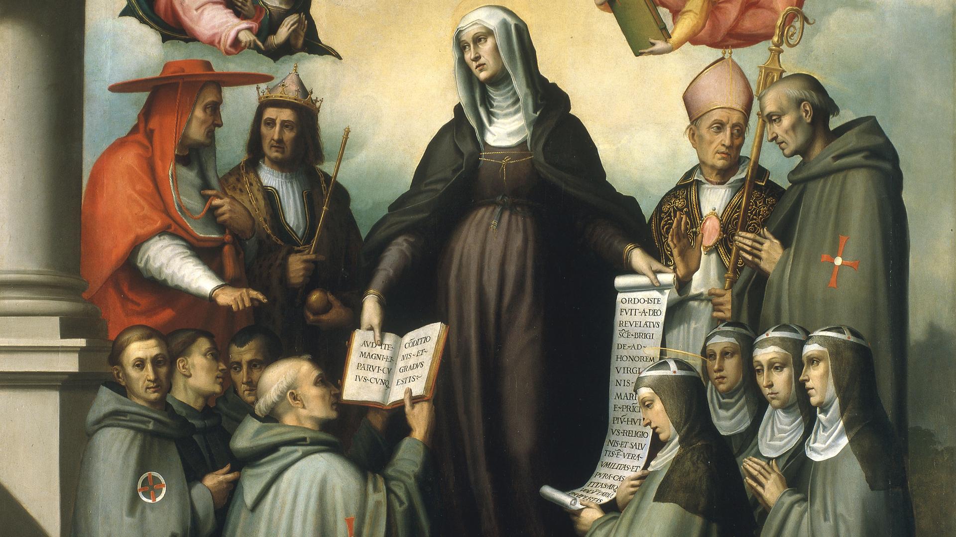 Ein Ölgemälde zeigt kniende Nonnen vor einer Nonne mit Pergamentrolle.