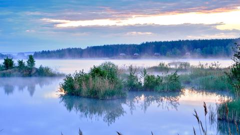Nebel über See bei Sonnenuntergang