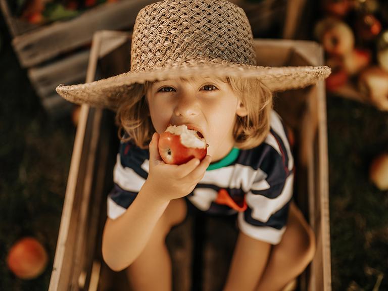 Ein Junge mit einem Strohhut sitzt in einer Holzkiste und isst einen Apfel.

