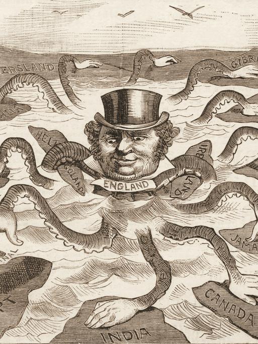 Historische Karikatur von England als Oktopus, der sich mit seinen zahlreichen Armen verschiedene Erdteile greift.