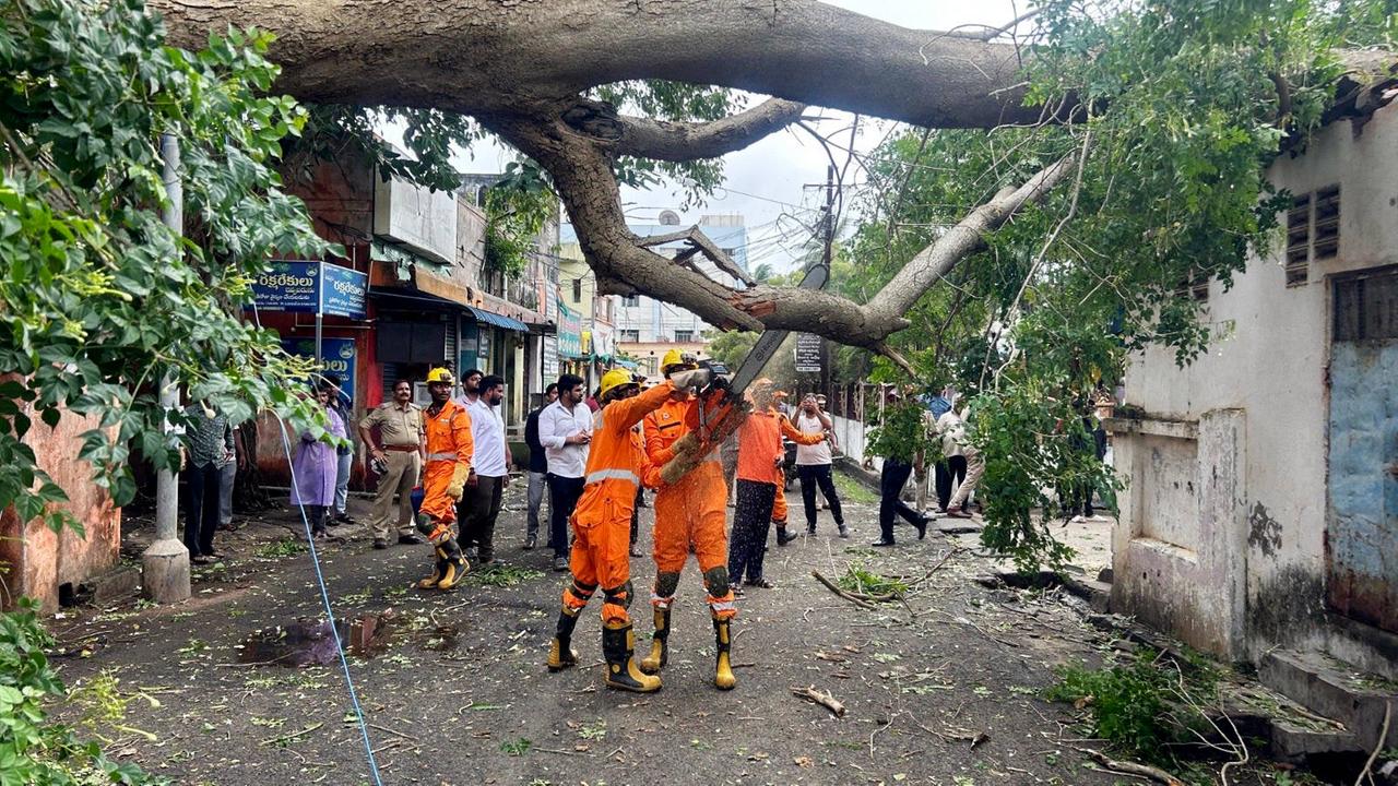 Rettungskräfte räumen mit einer Kettensäge einen umgestürzten Baum Rettungskräfte räumen mit einer Kettensäge einen umgestürzten Baum