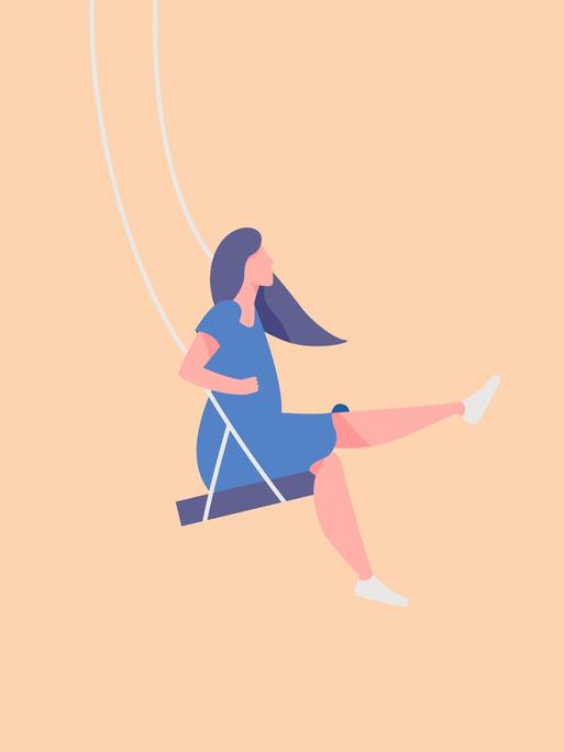 Illustration einer Frau im blauen Kleid, die auf einer Schaukel sitzt.