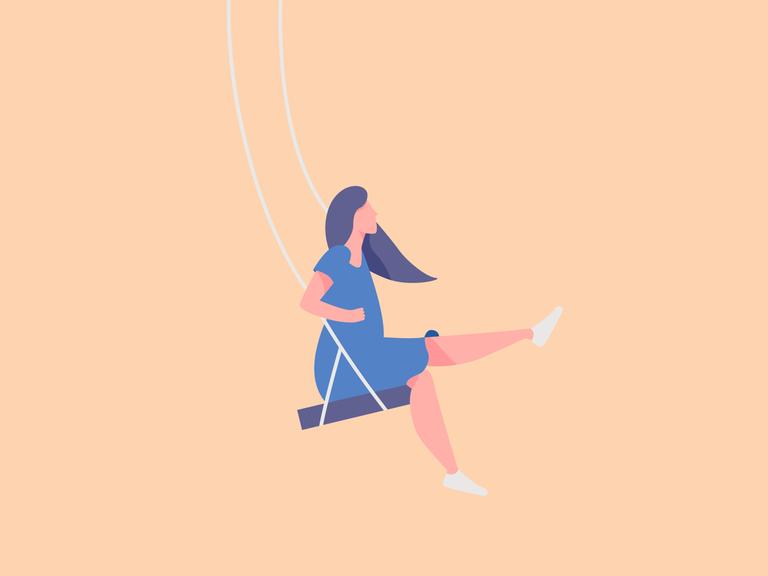 Illustration einer Frau im blauen Kleid, die auf einer Schaukel sitzt.