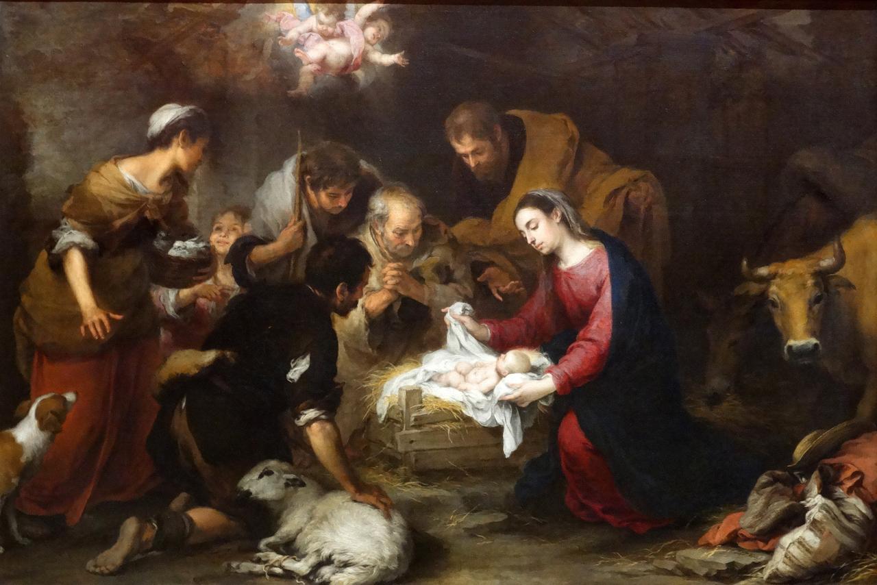 Gemälde "Die Verehrung durch die Hirten" des spanischen Malers Bartolomé Esteban Murillo (1618-1682) Spanish Baroque painter.