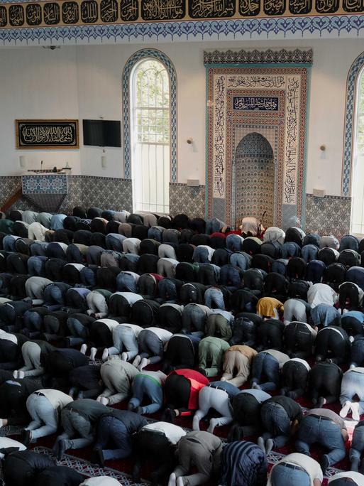 Muslime knieen mit dem Kopf auf dem Boden nebeneinander in einer Moschee.