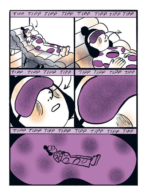 Eine Seite aus dem Comic „Work-Life-Balance“ von Aisha Franz. Zu sehen ist eine Frau, die auf einer Liege liegt. Sie trägt eine Schlafmaske und macht Atemübungen. Langsam driftet sie davon.