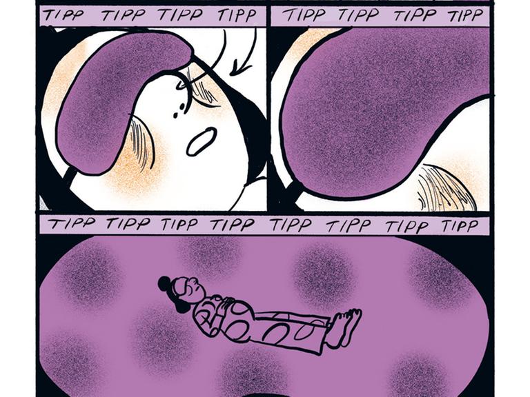Eine Seite aus dem Comic „Work-Life-Balance“ von Aisha Franz. Zu sehen ist eine Frau, die auf einer Liege liegt. Sie trägt eine Schlafmaske und macht Atemübungen. Langsam driftet sie davon.