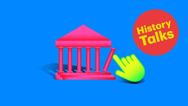 Die Grafik zeigt eine antike Fassade mit einer Hand.