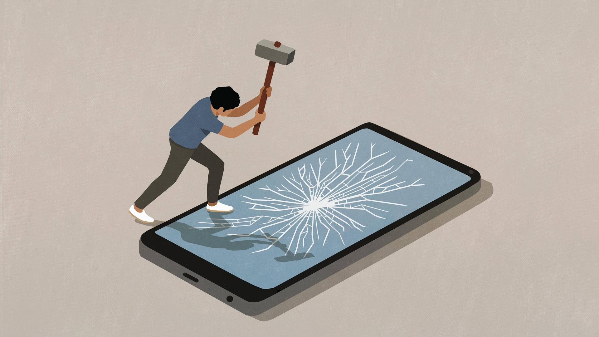 Illustration: Ein Mann schlägt mit einem Vorschlaghammer auf einem überdimensionierten Smartphone den Bildschirm ein. 