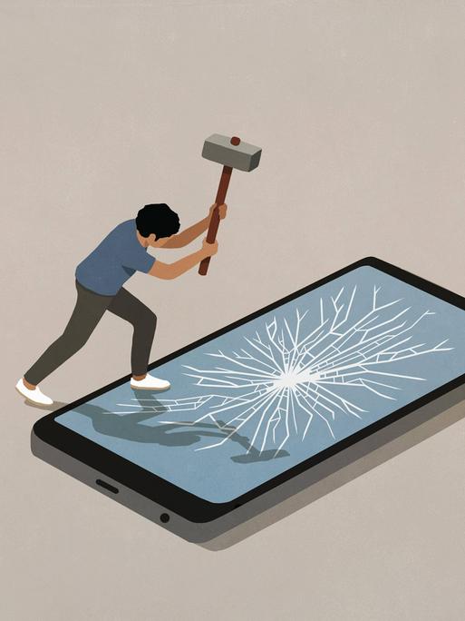 Illustration: Ein Mann schlägt mit einem Vorschlaghammer auf einem überdimensionierten Smartphone den Bildschirm ein. 