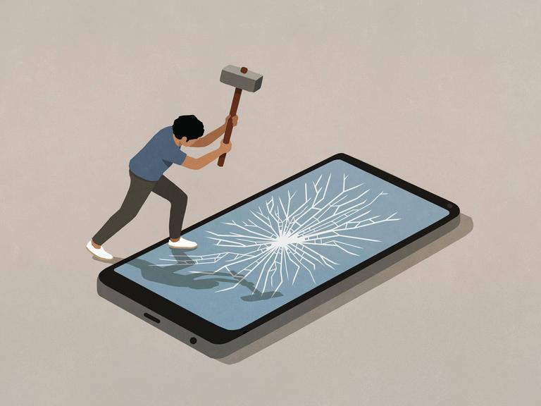 Illustration: Ein Mann schlägt mit einem Vorschlaghammer auf einem überdimensionierten Smartphone den Bildschirm ein. 