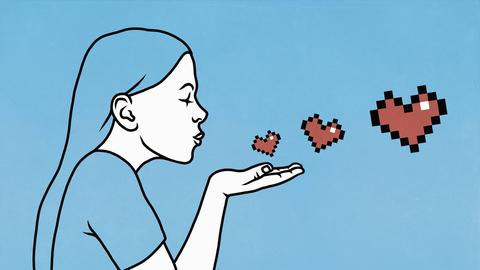 Illustration: Ein Frau gibt Luftküsse. Pixelherzen steigen in die Luft.