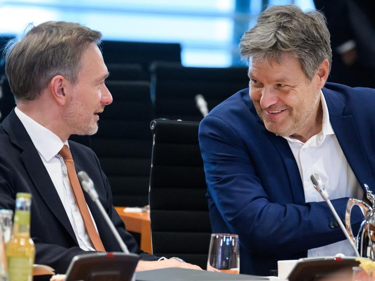 Christian Lindner und Robert Habeck sprechen im Bundestag freundlich zugewandt miteinander.
