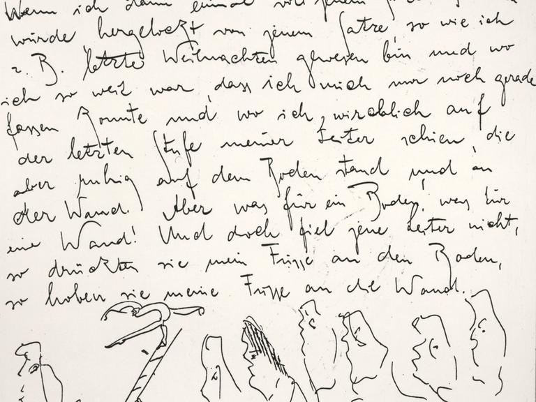 Schriftzeichen und Zeichnungen verschiedener Köpfe auf einer Tagebuchseite von Franz Kafka.
