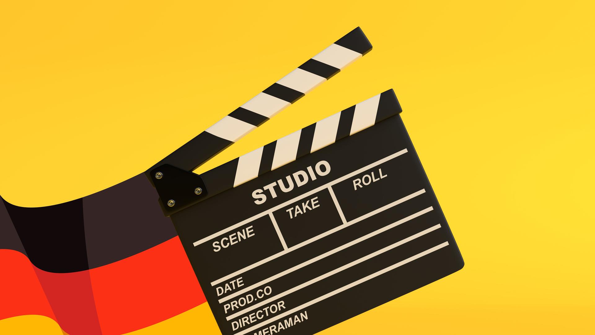 Illustration einer Filmklappe vor gelben Hintergrund. Links am Bildrand weht eine deutsche Flagge.