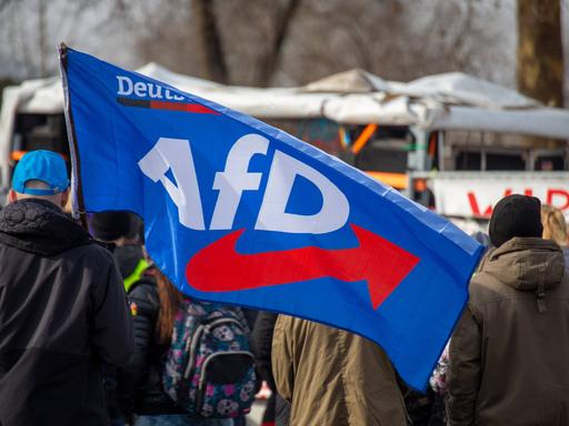 Bei einer Demonstration ist eine Fahne mit dem Logo der "Alternative für Deutschland" (AfD) zu sehen. 