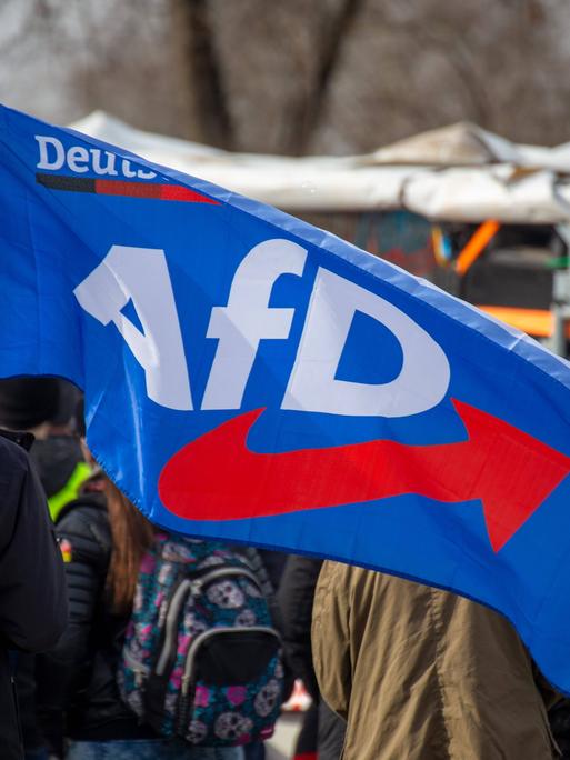 Bei einer Demonstration ist eine Fahne mit dem Logo der "Alternative für Deutschland" (AfD) zu sehen. 