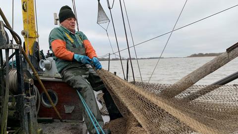 Fischer Lothar holt bei eisigen Temperaturen auf der Elbe seine Netze ein
