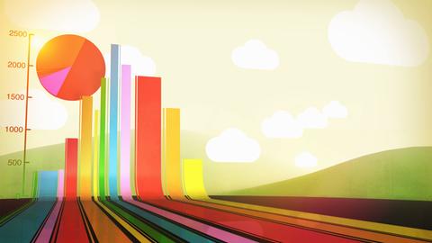 Illustration: Buntes Balkendiagramm in Landschaft.