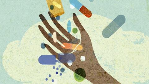 Illustration: Eine Hand greift nach vielen fallenden bunten Medikamenten.