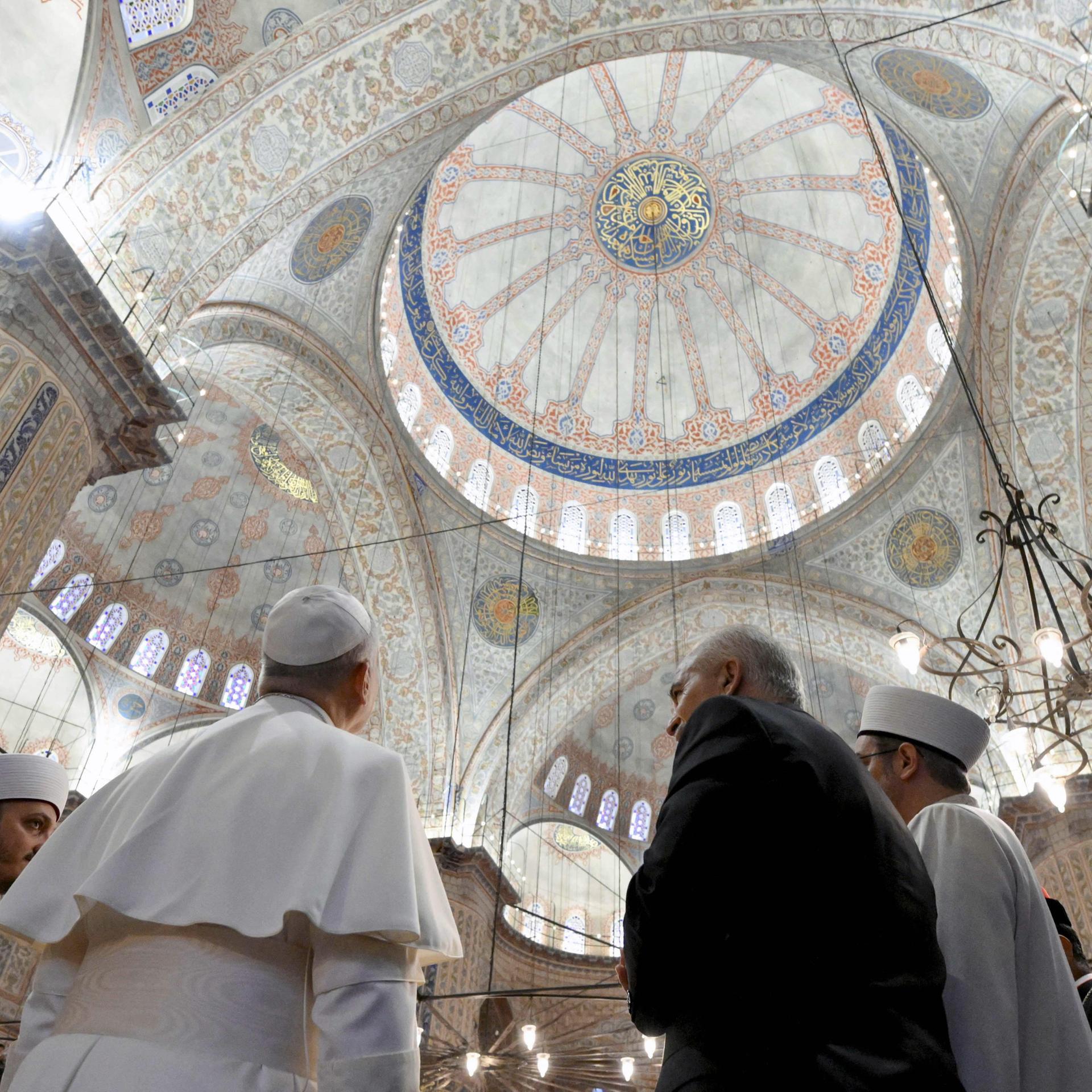 Papst Leo XIV. steht mit dem Rücken zur Kamera und schaut sich die Kuppel der Blauen Moschee in Istanbul an. Neben ihm stehen Vertreter der Moschee.