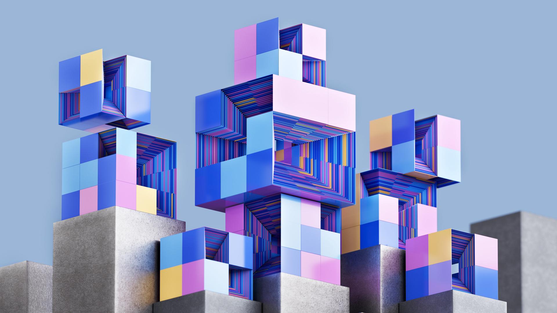 Digital generiertes Bild von futuristischen Würfeln, die miteinander verbunden sind als Symbolbild für Cloud-Technologie, IT, Big Data und künstliche Intelligenz.