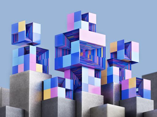 Digital generiertes Bild von futuristischen Würfeln, die miteinander verbunden sind als Symbolbild für Cloud-Technologie, IT, Big Data und künstliche Intelligenz.